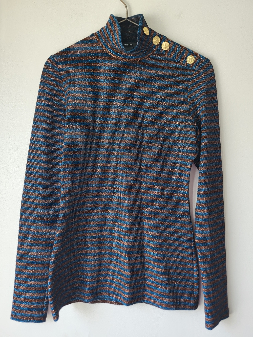 Smythe Metallic Striped Timeless Classic Turtleneck Sweater Gold  Button Details